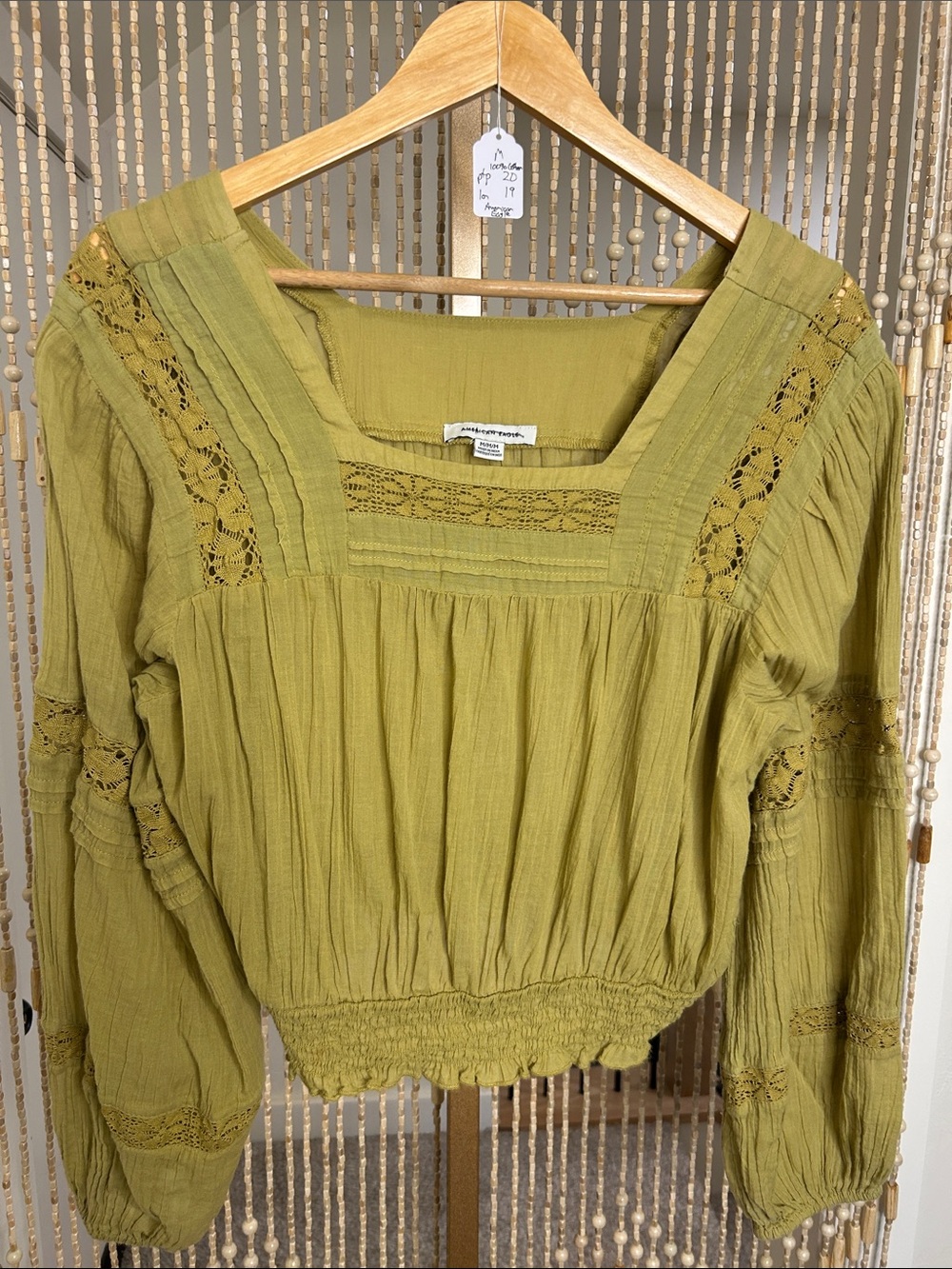 American Eagle Outfitters Olive Green Lace-Trim Peasant Blouse